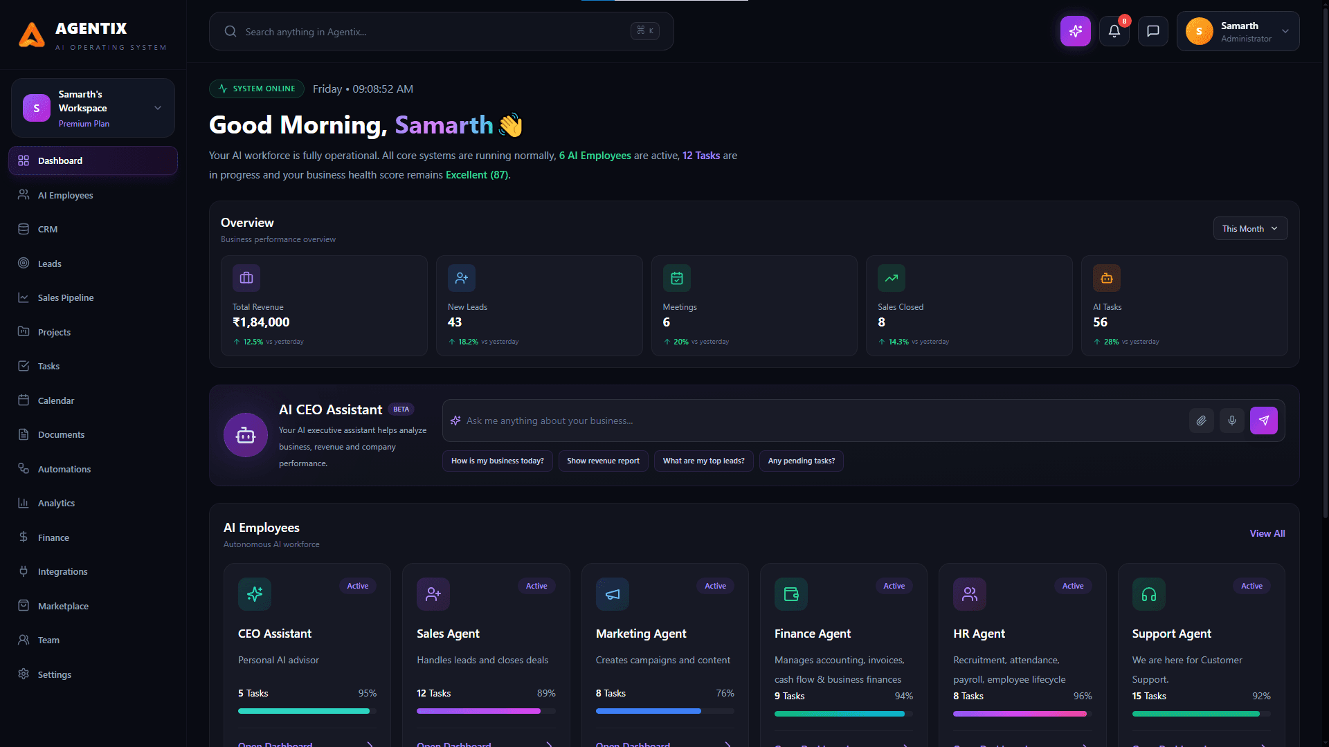 Agentix AI Agent Operating System Dashboard